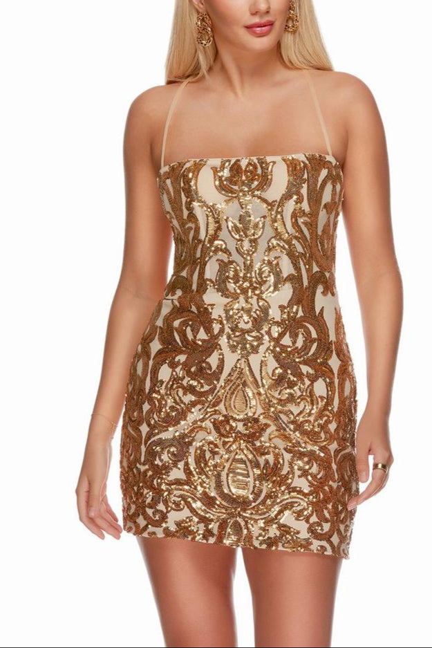 Weitese Dress Spaghetti Straps Sheath Column Sleeveless Backless Lace Up Sequins Homecoming Dress